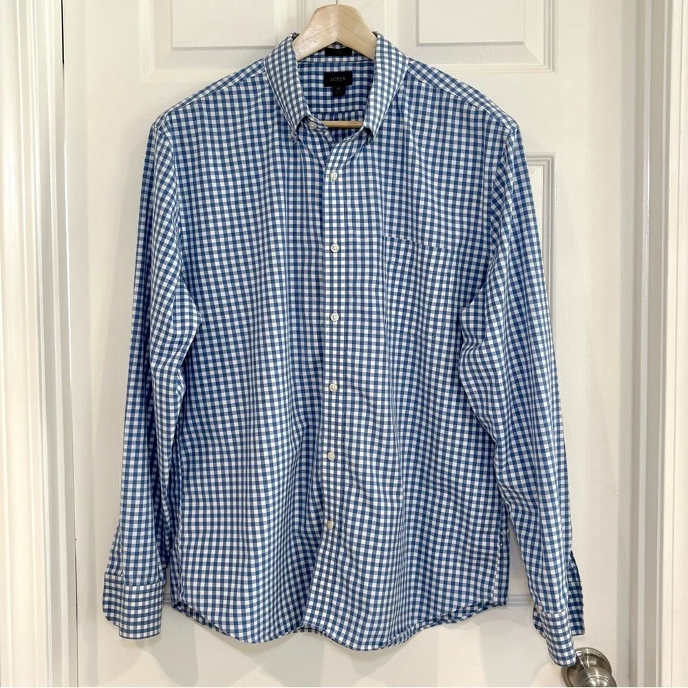 J. Crew Button Up Long Sleeve White Blue Checkered Nautical Shirt Men Sz XL SLIM